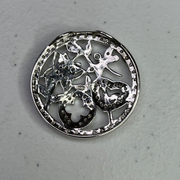 Round Silver Tone Cubic Zirconia Pendant With Floral & Heart Design For Women - Picture 9 of 9